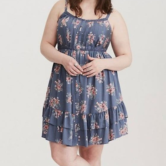 torrid Dresses & Skirts - NWT Torrid Mini Blue Floral Ruffle Challis Tank Dress Plus Size: 1X (14/16)